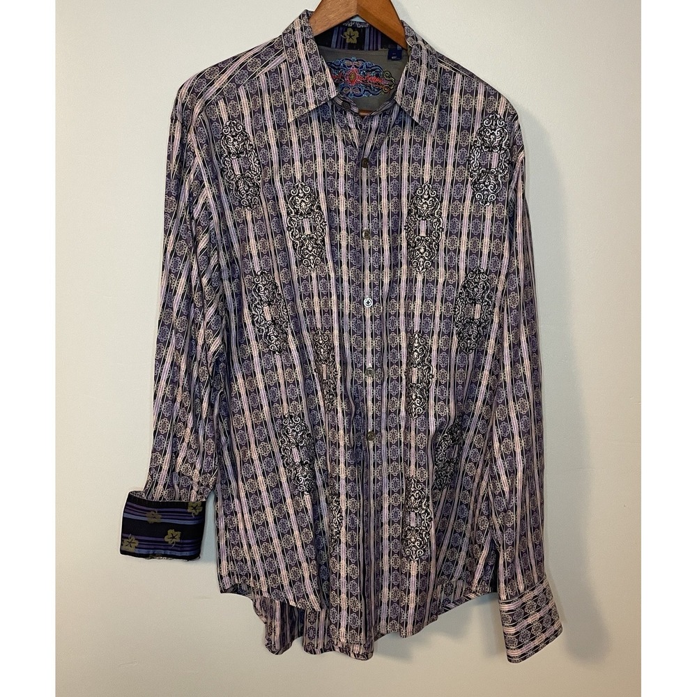 Robert Graham Silk Trim Embroidered Mens XL Purple Paisley Shirt